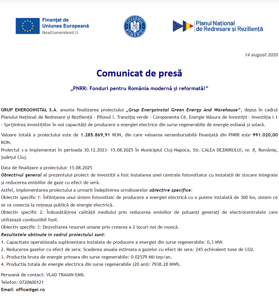 Comunicat de presă privind finalizarea derulării proiectului „Grup Energoinstal Green Energy And Warehouse”