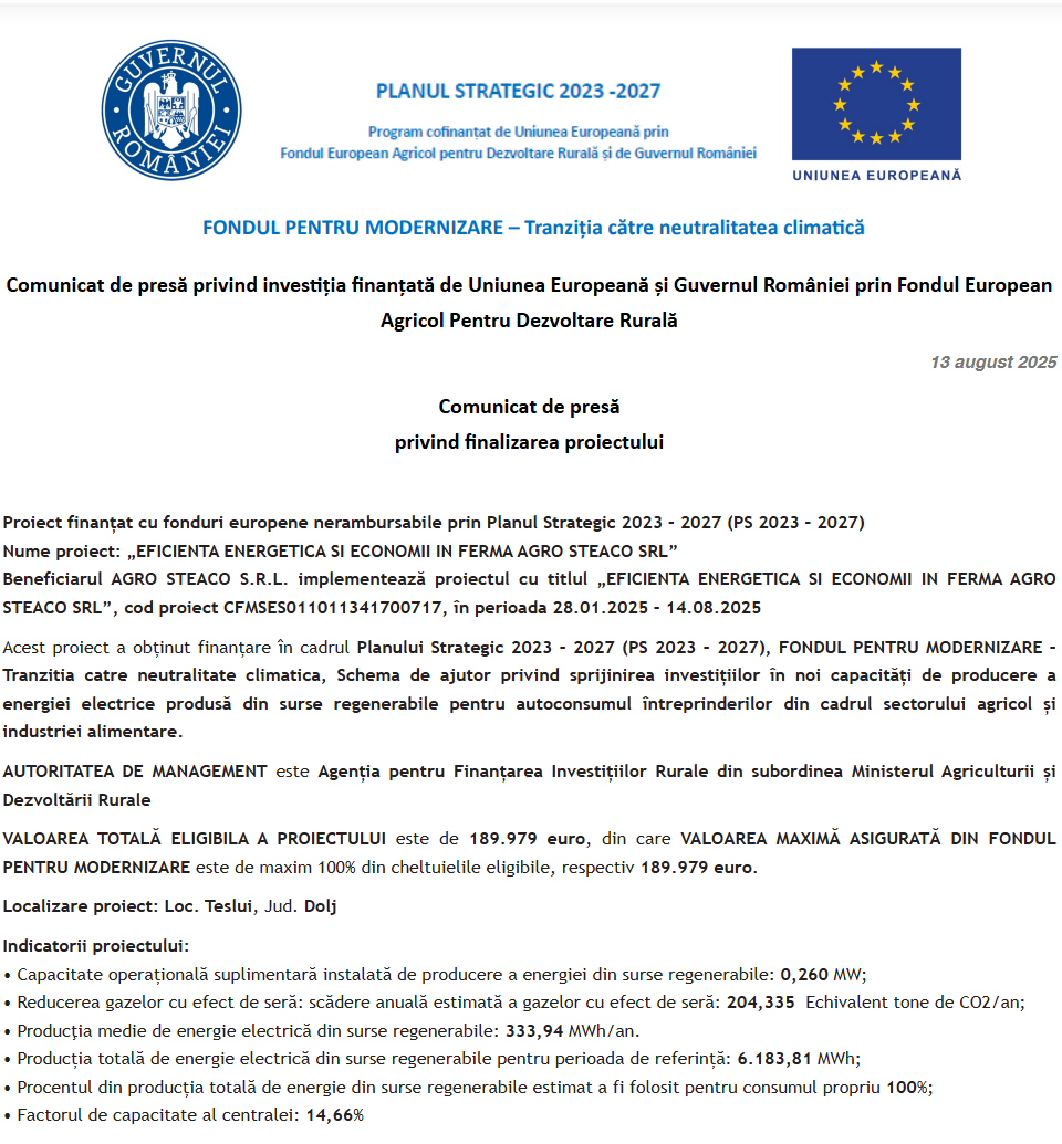 Comunicat de presă privind finalizarea derulării proiectului „EFICIENTA ENERGETICA SI ECONOMII IN FERMA AGRO STEACO SRL”