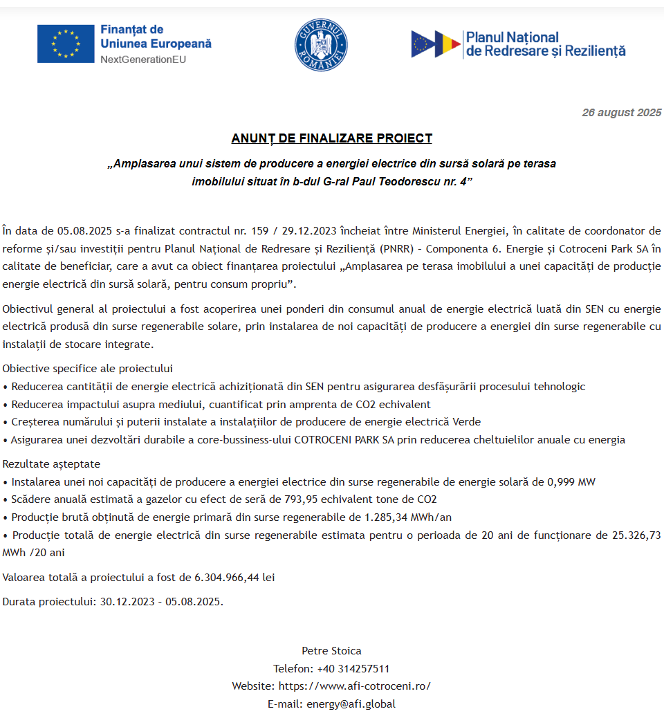 Comunicat de presă privind finalizarea derulării proiectului “Amplasarea unui sistem de producere a energiei electrice din sursă solară pe terasa imobilului situat în b-dul G-ral Paul Teodorescu nr. 4”