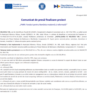 Comunicat de presa finalizare proiect fonduri PNRR - HELIOSOLY SRL