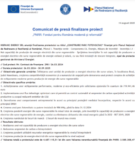 Comunicat de presa finalizare proiect fonduri PNRR - HISPANIC ENERGY SRL