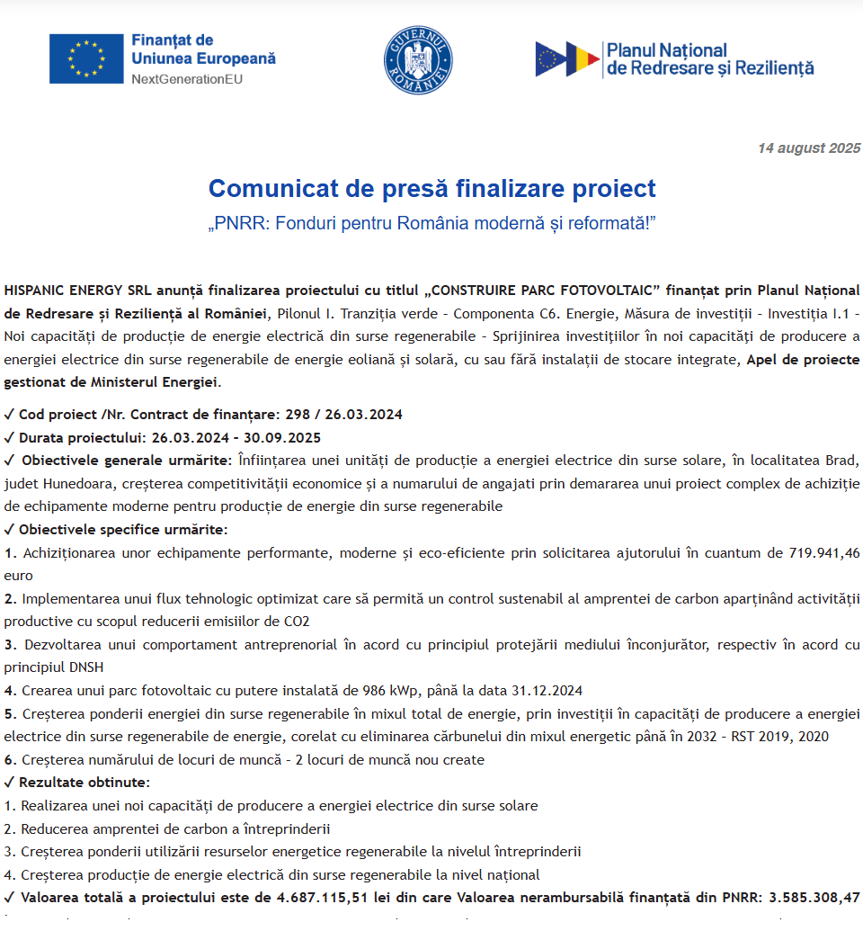 Comunicat de presă privind finalizarea derulării proiectului „CONSTRUIRE PARC FOTOVOLTAIC”