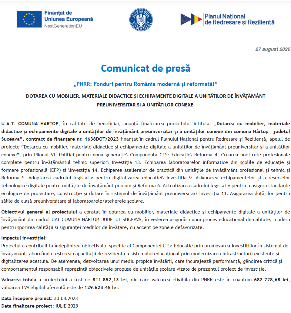 Comunicat de presă privind finalizarea derulării proiectului „DOTAREA CU MOBILIER, MATERIALE DIDACTICE ȘI ECHIPAMENTE DIGITALE A UNITĂȚILOR DE ÎNVĂȚĂMÂNT PREUNIVERSITAR ȘI A UNITĂȚILOR CONEXE”