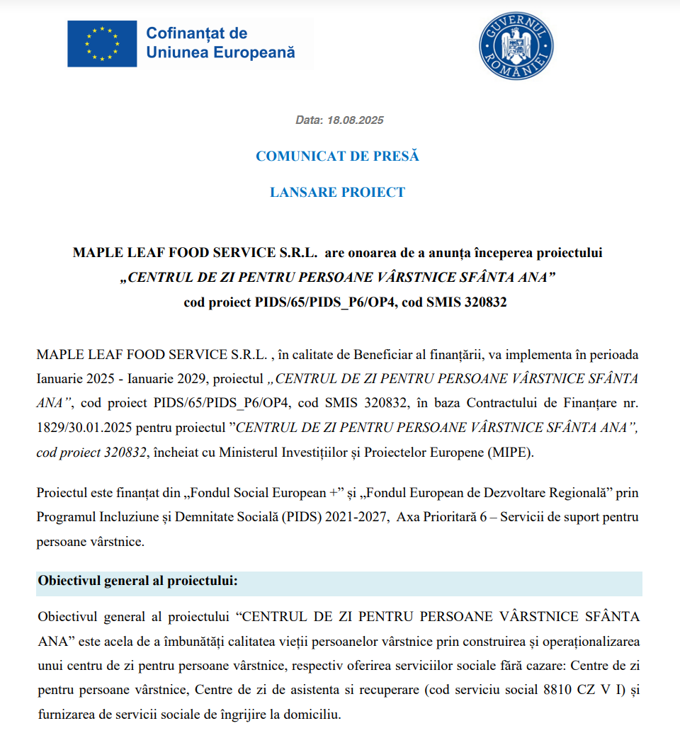 Comunicat de presă privind începerea derulării proiectului „CENTRUL DE ZI PENTRU PERSOANE VÂRSTNICE SFÂNTA ANA” cod SMIS 320832