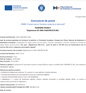 Comunicat de presa incepere proiect PNRR - GMG CONSTRUCTII SRL