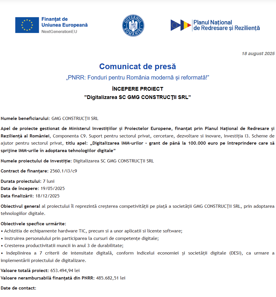 Comunicat de presă privind începerea derulării proiectului “Digitalizarea SC GMG CONSTRUCŢII SRL”