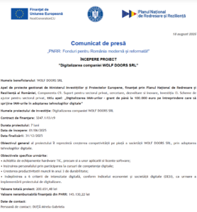 Comunicat de presa incepere proiect PNRR - WOLF DOORS SRL