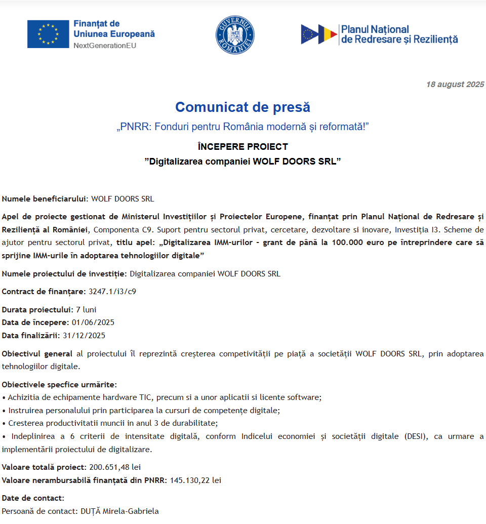 Comunicat de presă privind începerea derulării proiectului “Digitalizarea companiei WOLF DOORS SRL”