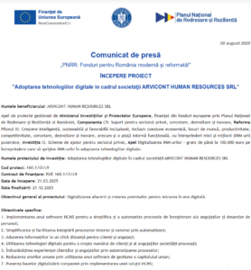 Comunicat de presa incepere proiect fonduri PNRR - ARVICONT HUMAN RESOURCES SRL