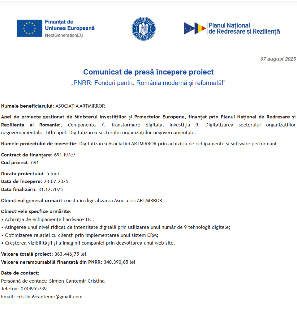 Comunicat de presă privind începerea derulării proiectului “Digitalizarea Asociatiei ARTMIRROR prin achizitia de echipamente si software performant”
