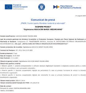Comunicat de presa incepere proiect fonduri PNRR - ASOCIAȚIA BARZĂ VIEZURE MÂNZ