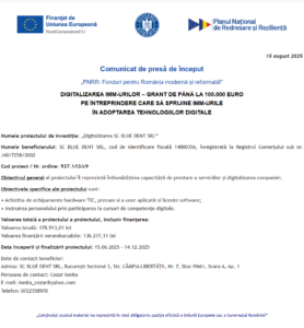 Comunicat de presa incepere proiect fonduri PNRR - BLUE DENT SRL