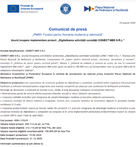 Comunicat de presa incepere proiect fonduri PNRR - CONECT MED SRL