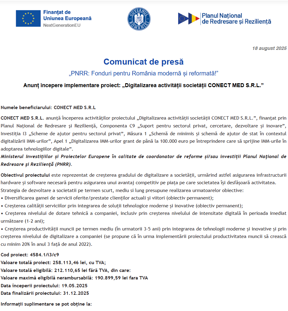 Comunicat de presă privind începerea derulării proiectului “Digitalizarea activității societății CONECT MED S.R.L.”