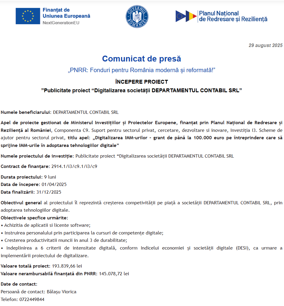 Comunicat de presă privind începerea derulării proiectului “Digitalizarea societății DEPARTAMENTUL CONTABIL SRL”