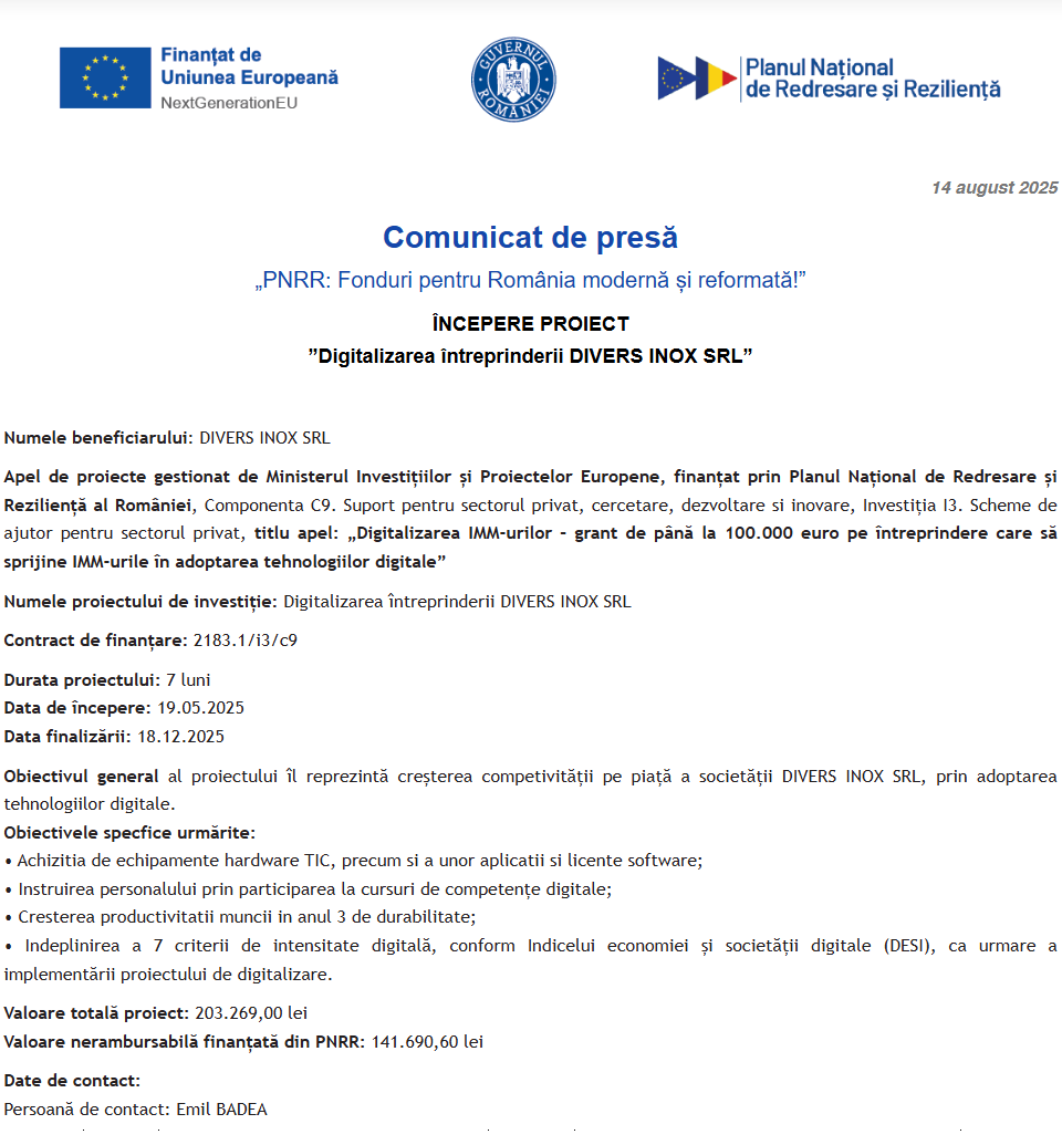 Comunicat de presă privind începerea derulării proiectului “Digitalizarea întreprinderii DIVERS INOX SRL”