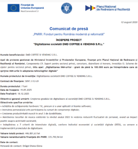 Comunicat de presa incepere proiect fonduri PNRR - DMD COFFEE & VENDING SRL