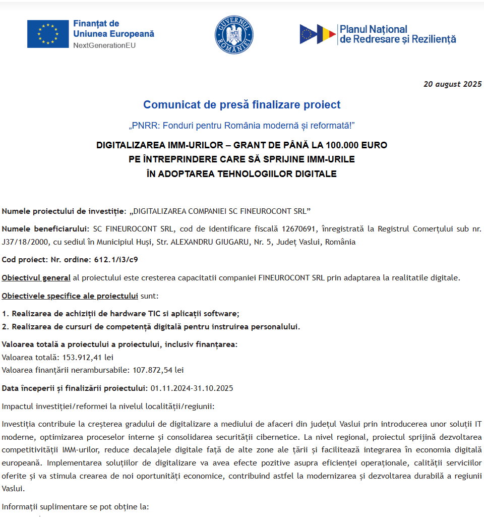 Comunicat de presă privind finalizarea derulării proiectului “DIGITALIZAREA COMPANIEI SC FINEUROCONT SRL”