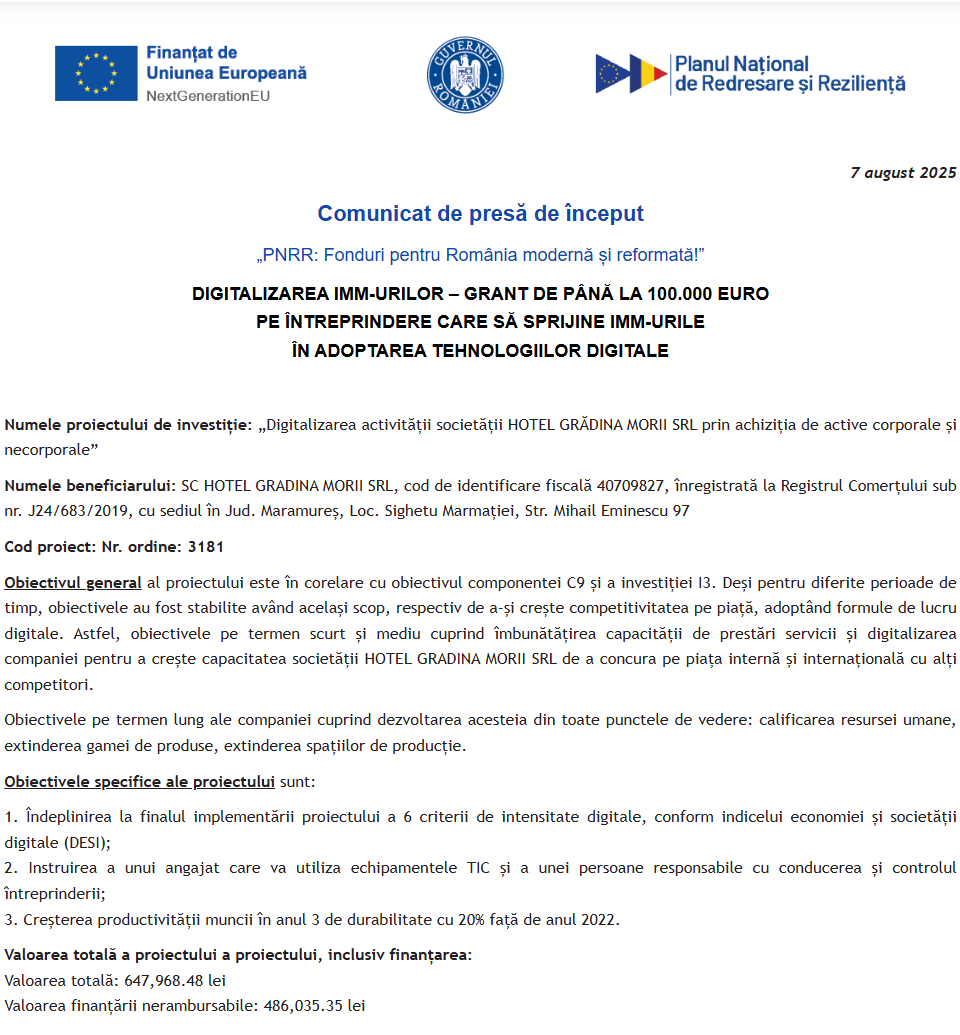 Comunicat de presă privind începerea derulării proiectului “Digitalizarea activității societății HOTEL GRĂDINA MORII SRL prin achiziția de active corporale și necorporale”