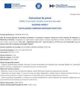 Comunicat de presa incepere proiect fonduri PNRR - IMOGRAND INVEST SRL