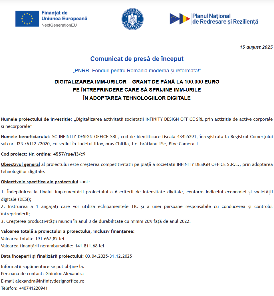 Comunicat de presă privind începerea derulării proiectului “Digitalizarea activitatii societatii INFINITY DESIGN OFFICE SRL prin actizitia de active corporale si necorporale”