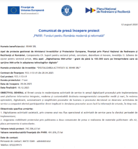 Comunicat de presa incepere proiect fonduri PNRR - IRINIK SRL