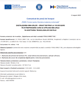 Comunicat de presa incepere proiect fonduri PNRR - ITOOLS DIRECT SRL