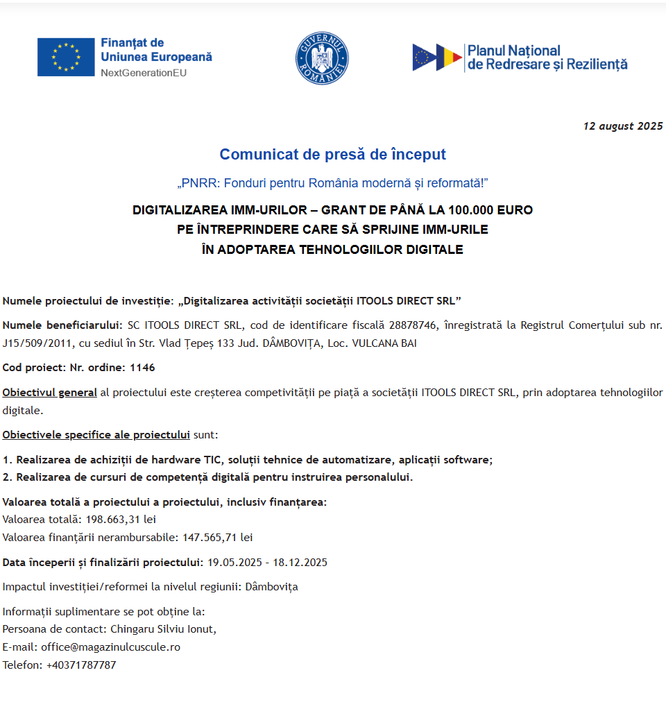 Comunicat de presă privind începerea derulării proiectului “Digitalizarea activității societății ITOOLS DIRECT SRL”
