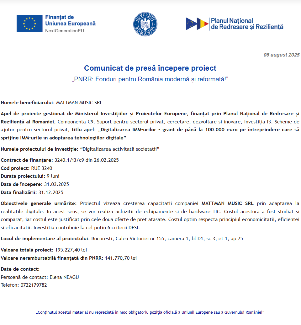 Comunicat de presă privind începerea derulării proiectului “Digitalizarea activitatii societatii”