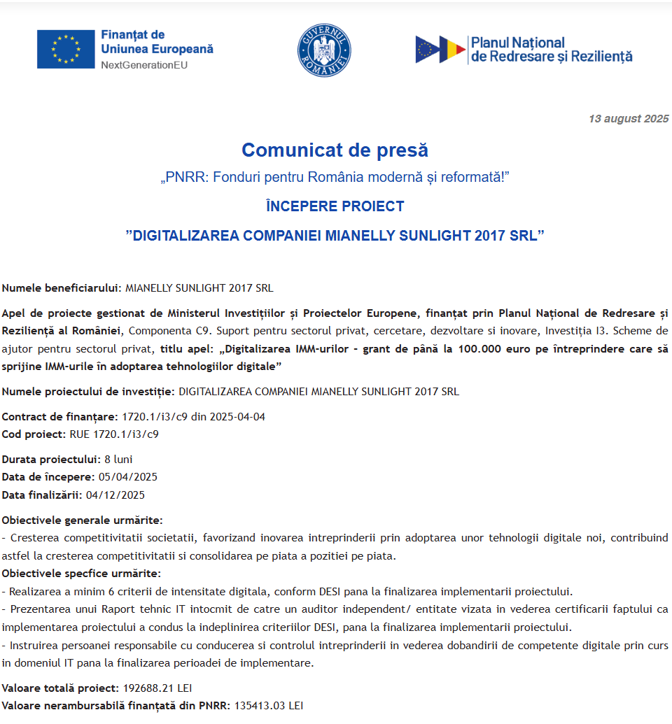 Comunicat de presă privind începerea derulării proiectului “DIGITALIZAREA COMPANIEI MIANELLY SUNLIGHT 2017 SRL”