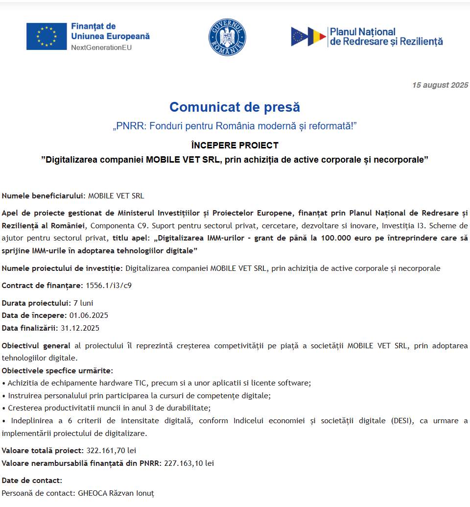 Comunicat de presă privind începerea derulării proiectului “Digitalizarea companiei MOBILE VET SRL, prin achiziția de active corporale și necorporale”