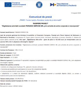 Comunicat de presa incepere proiect fonduri PNRR - PARADOX SERVICE SRL