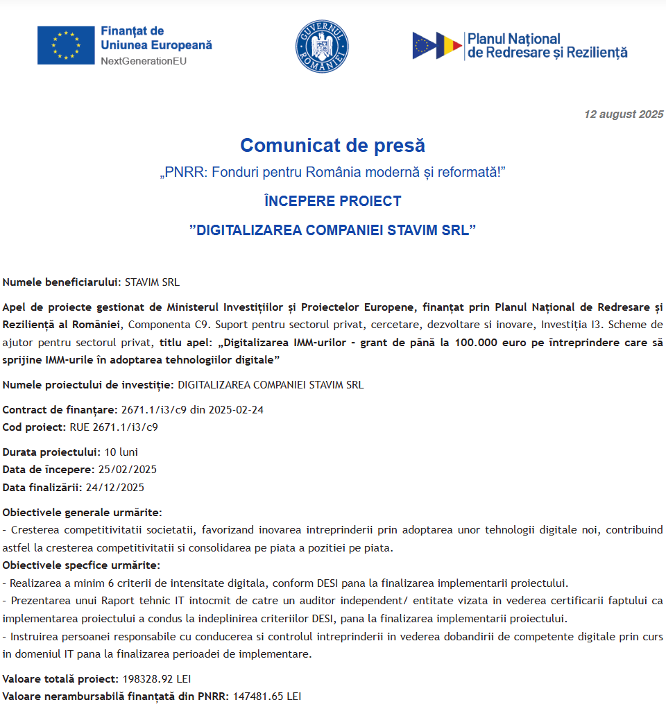 Comunicat de presă privind începerea derulării proiectului “DIGITALIZAREA COMPANIEI STAVIM SRL”