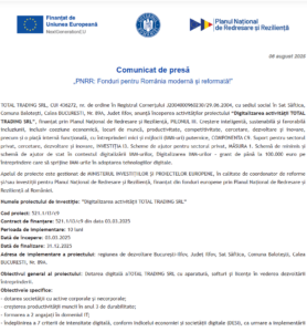Comunicat de presa incepere proiect fonduri PNRR - TOTAL TRADING SRL
