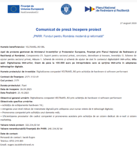 Comunicat de presa incepere proiect fonduri PNRR - VELTRAVEL RO SRL