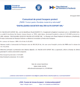 Comunicat de presa incepere proiect fonduri PNRR - WALTER AUTO EXPORT SRL