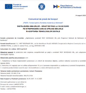 Comunicat de presa incepere proiect fonduri PNRR - WEST BEVERAGES SRL