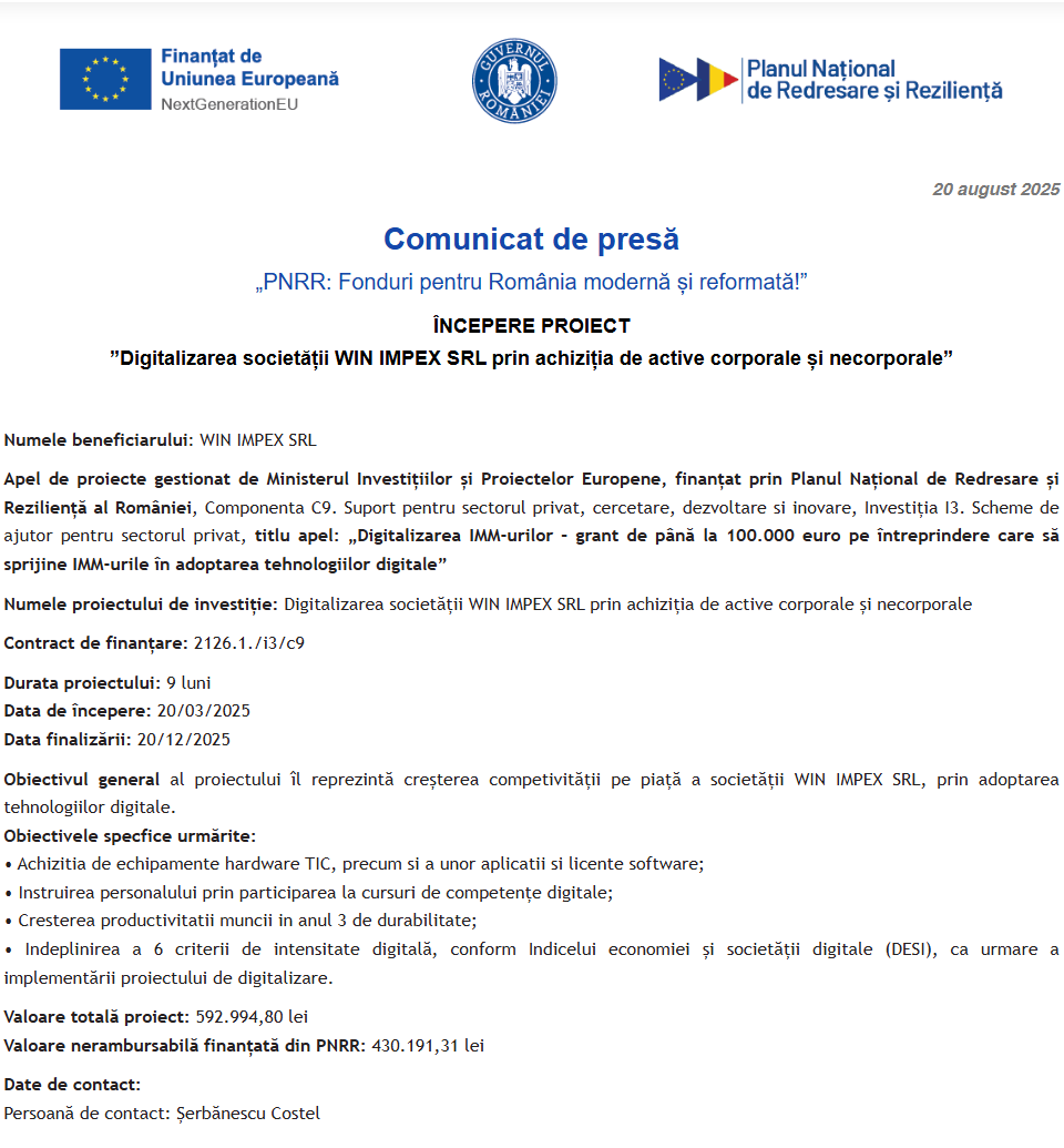 Comunicat de presă privind începerea derulării proiectului “Digitalizarea societății WIN IMPEX SRL prin achiziția de active corporale și necorporale”