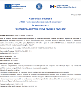 Comunicat de presa incepere proiect fonduri PNRR - WORLD TOURISM & TOURS SRL