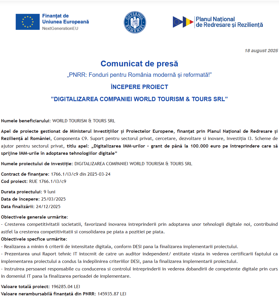 Comunicat de presă privind începerea derulării proiectului “DIGITALIZAREA COMPANIEI WORLD TOURISM & TOURS SRL”