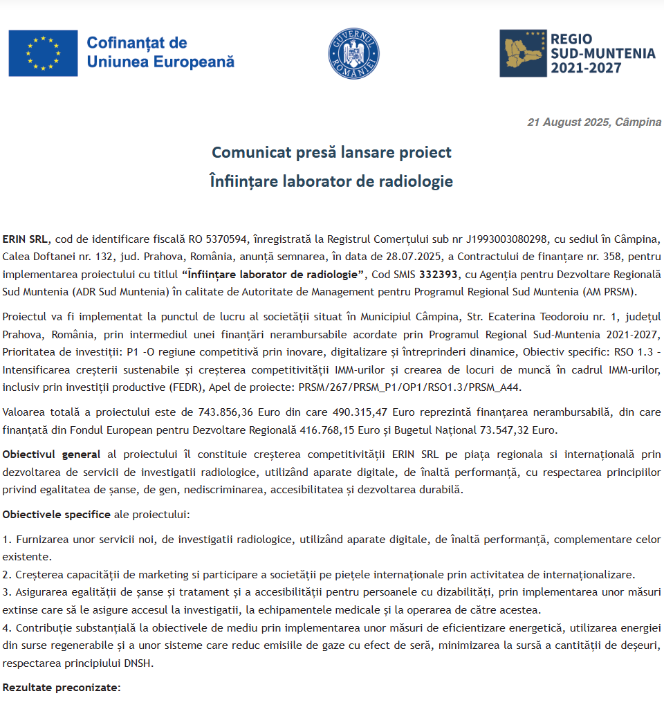 Comunicat de presă privind începerea derulării proiectului „Înființare laborator de radiologie”