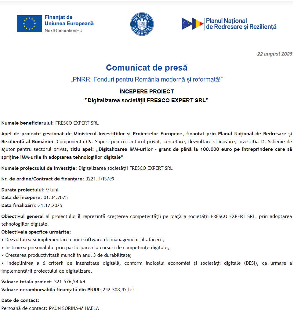 Comunicat de presă privind începerea derulării proiectului “Digitalizarea societății FRESCO EXPERT SRL”