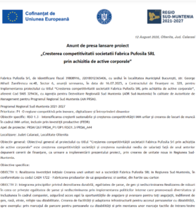Comunicat de presa incepere proiect fonduri europene Fabrica Pufosila SRL