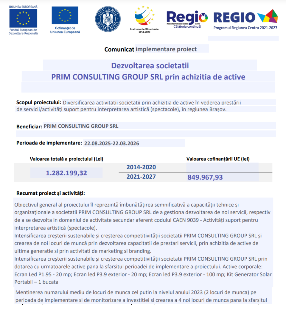 Comunicat de presă privind începerea derulării proiectului „Dezvoltarea societatii PRIM CONSULTING GROUP SRL prin achizitia de active”