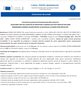 Comunicat de presa finalizare proiect Fondul pentru Modernizare - EUROPA STAR SERVICE SRL