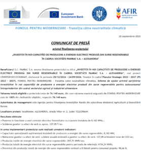 Comunicat de presa finalizare proiect Fondul pentru Modernizare - PAMBAC - Alexandria