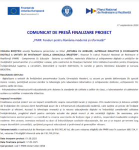 Comunicat de presa finalizare proiect fonduri PNRR - UAT Comuna BROȘTENI