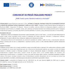 Comunicat de presa finalizare proiect fonduri PNRR - UAT Comuna DIOȘTI