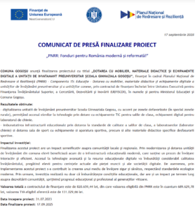 Comunicat de presa finalizare proiect fonduri PNRR - UAT Comuna GOGOȘU