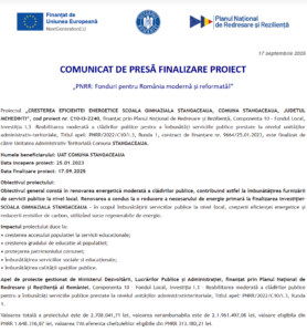 Comunicat de presa finalizare proiect fonduri PNRR - UAT Comuna STANGACEAUA